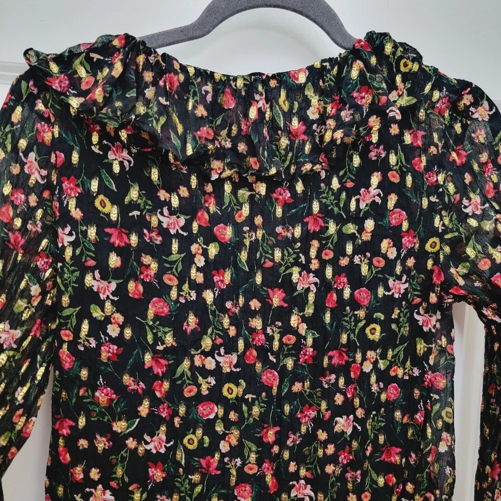 J CREW Ruffleneck top in midnight vintage floral Blouse Gold Metallic